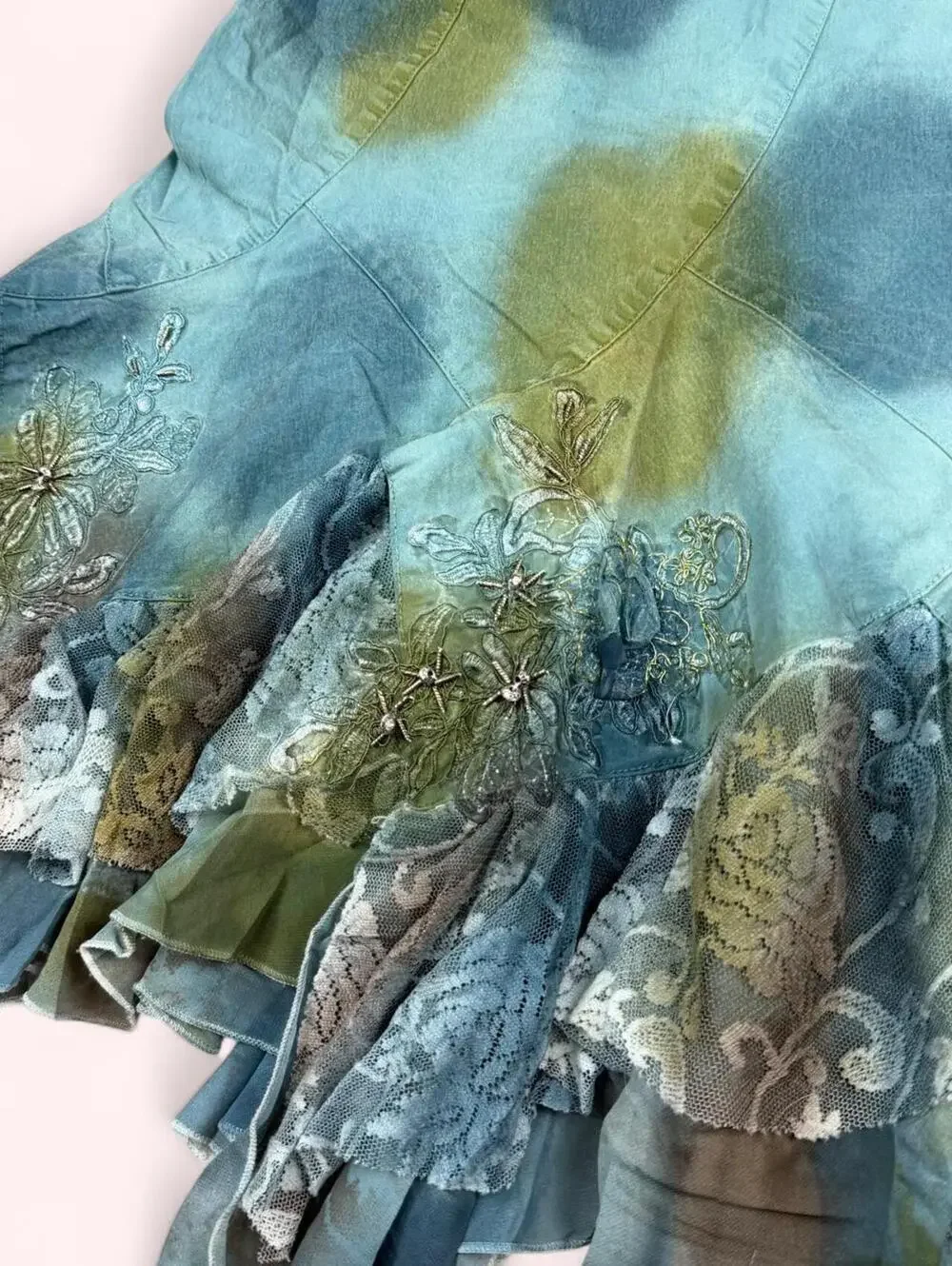 Deadstock West 36th blue and green denim skirt with ruffle hem - Picture 4 of 8